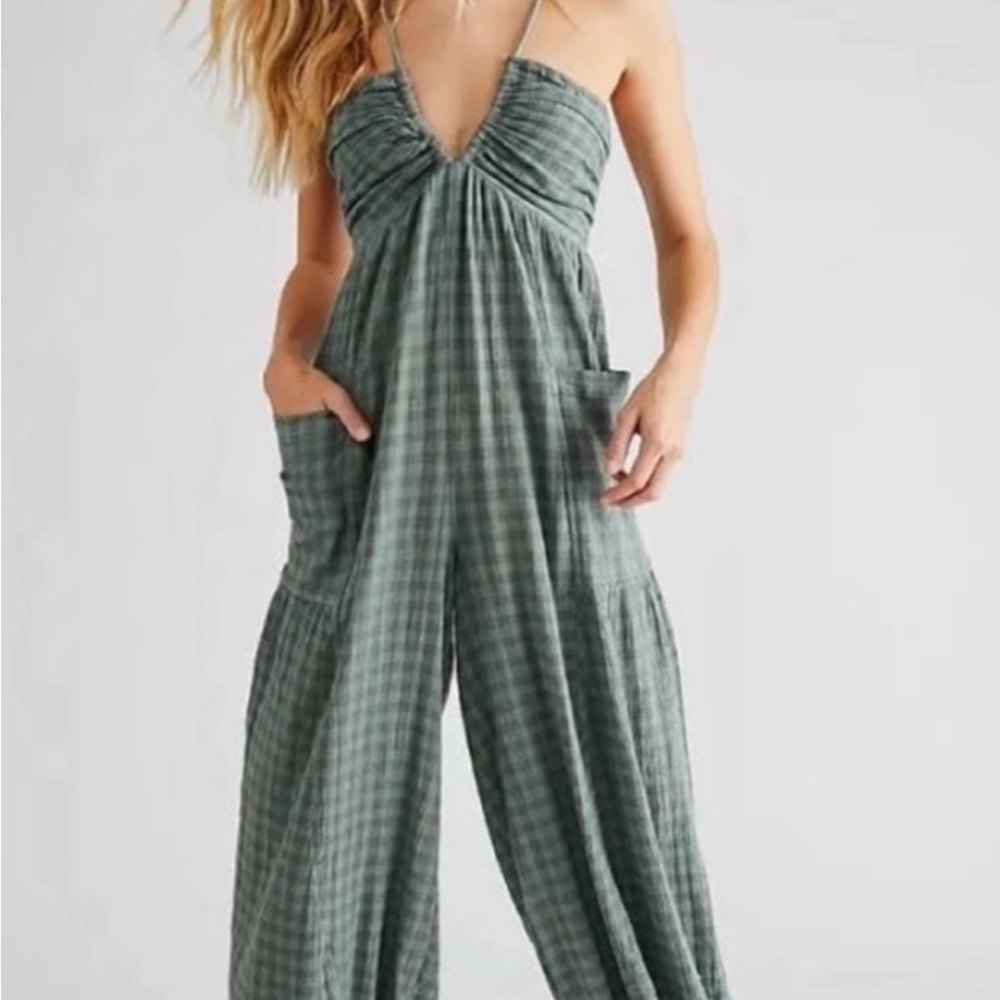 Free People Teal Checkered Jumpsuit